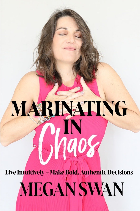 Marinating in Chaos book cover: Megan Swan in a pink dress, hands over her heart